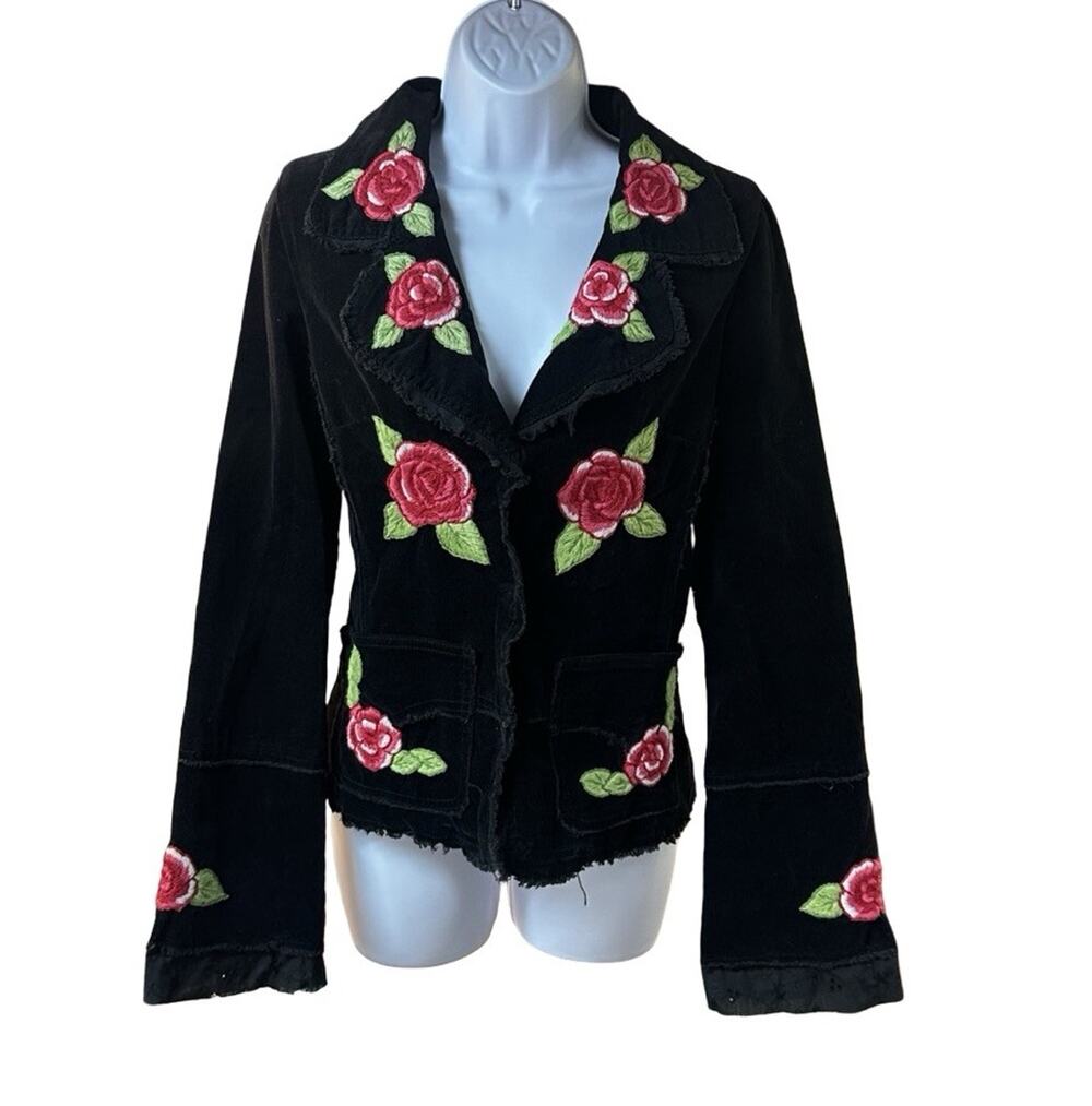 Johnny Was Joystick Black Corduroy Jacket M Rose Flower Embroidered Blazer Boho